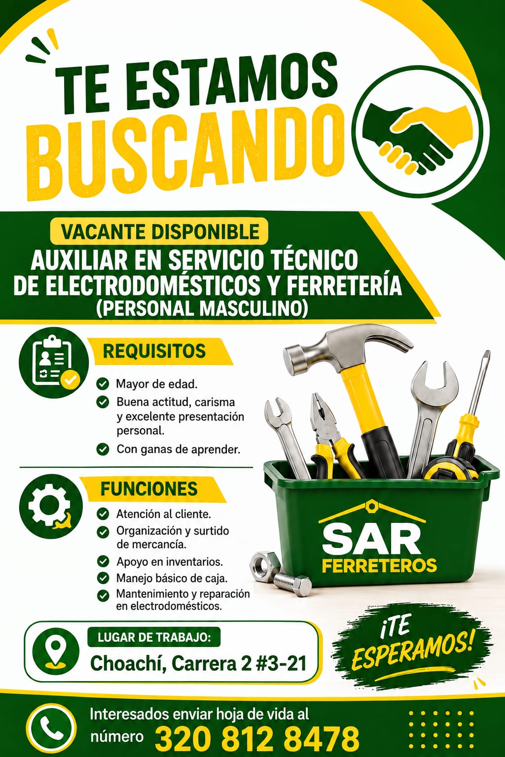 Vacante auxiliar en servicio técnico de electrodomésticos y ferretería
