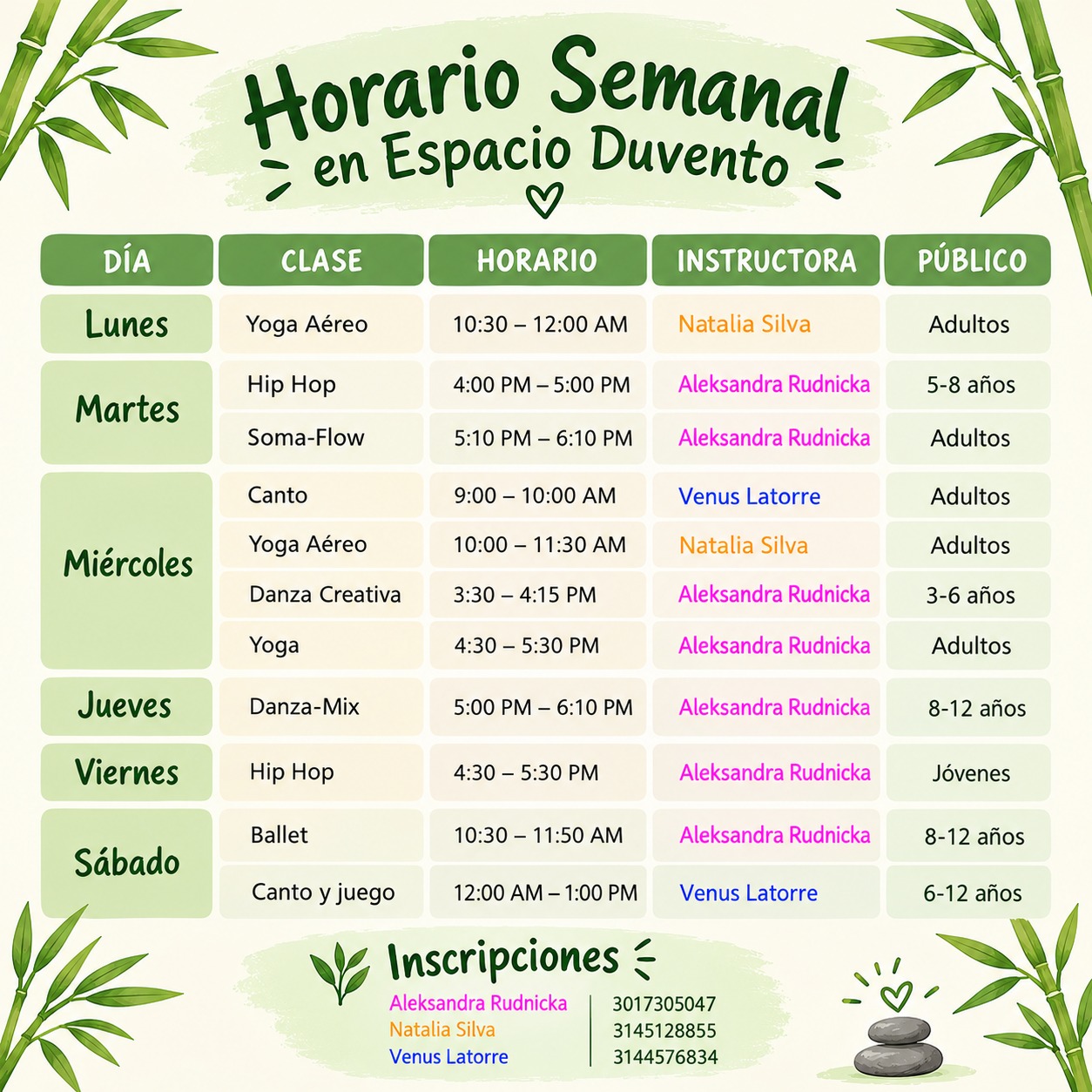 Horario Semanal en Espacio Duvento